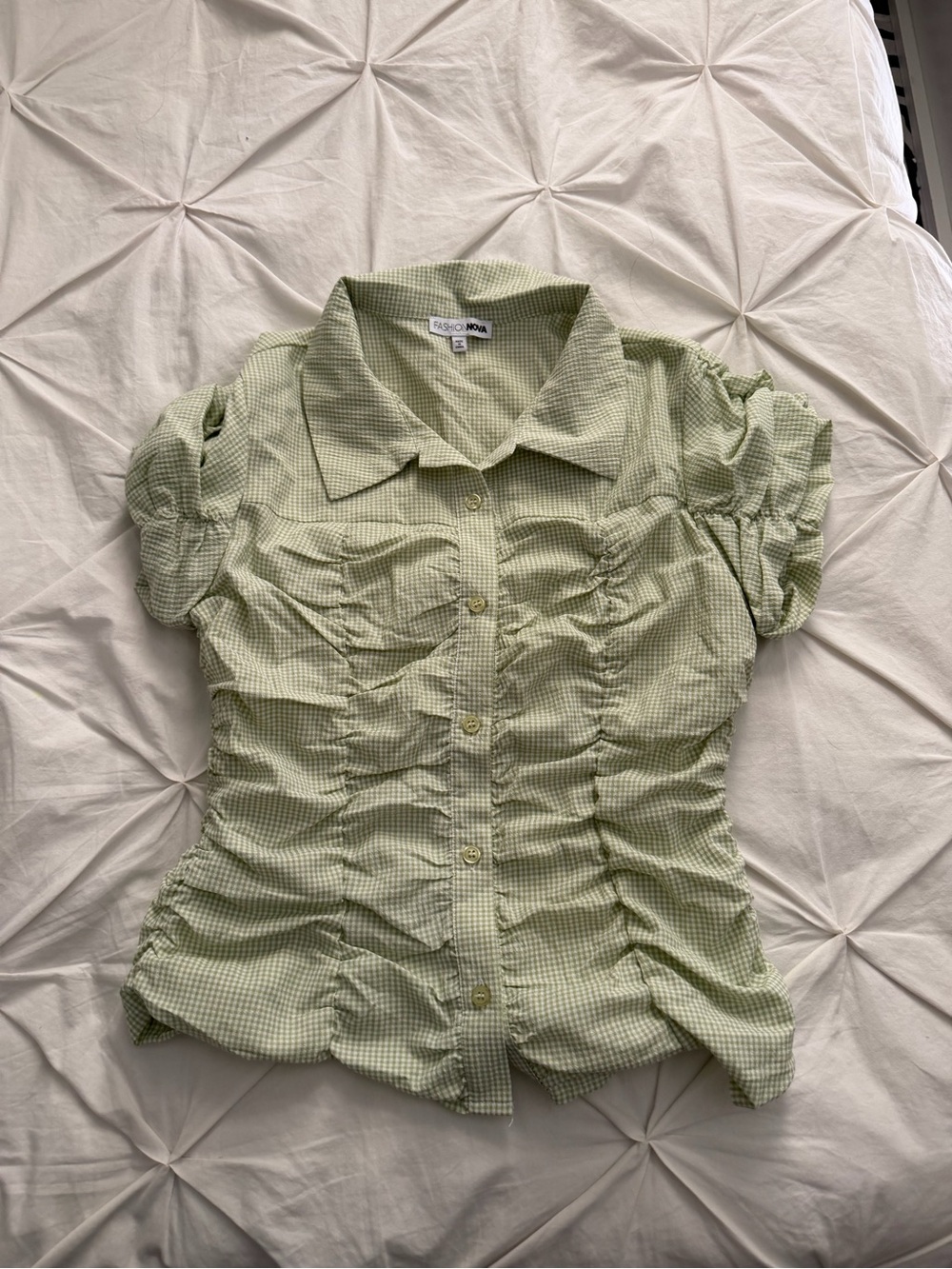 Fashion Nova Light Green Gingham Ruched Button-Front Blouse